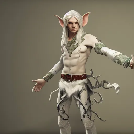 Image similar to a highly detailed male elf in full length, with white long hair, white clothes, bright blue eyes, artstation, DeviantArt, professional, octane render