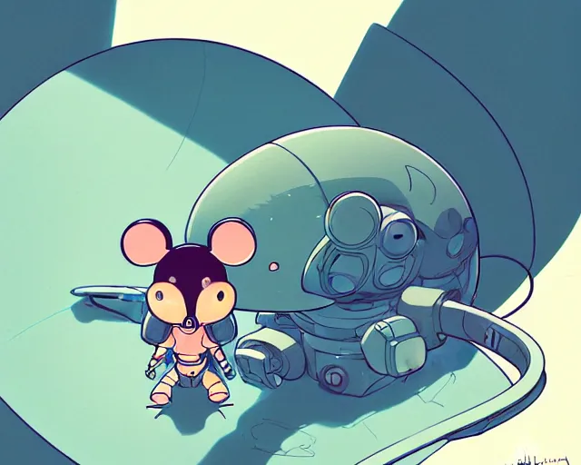 Image similar to a study of cell shaded cartoon of an adorable mouse piloting a mech, illustration, wide shot, subtle colors, post grunge, concept art by josan gonzales and wlop, by james jean, Victo ngai, David Rubín, Mike Mignola, Laurie Greasley, highly detailed, sharp focus, alien, Trending on Artstation, HQ, deviantart, art by artgem