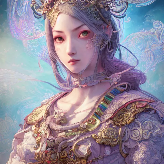 Prompt: studio portrait of neutral good rainbow colorful female cleric bard healer as absurdly beautiful, elegant, young skinny gravure idol, an ultrafine hyperdetailed illustration by kim jung gi, intricate linework, detailed symmetrical faces, super sharp focus, bright colors, octopath traveler, final fantasy, unreal engine 5 highly rendered, global illumination, radiant light, detailed and intricate environment