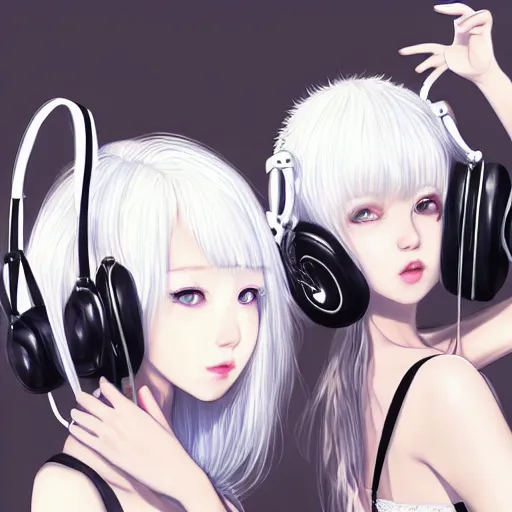 Image similar to realistic detailed semirealism beautiful gorgeous natural cute excited happy Blackpink Lalisa Manoban white hair white cat ears, wearing black camisole outfit, headphones, black leather choker artwork drawn full HD 4K high resolution quality artstyle professional artists WLOP, Aztodio, Taejune Kim, Guweiz, Pixiv, Instagram, Artstation