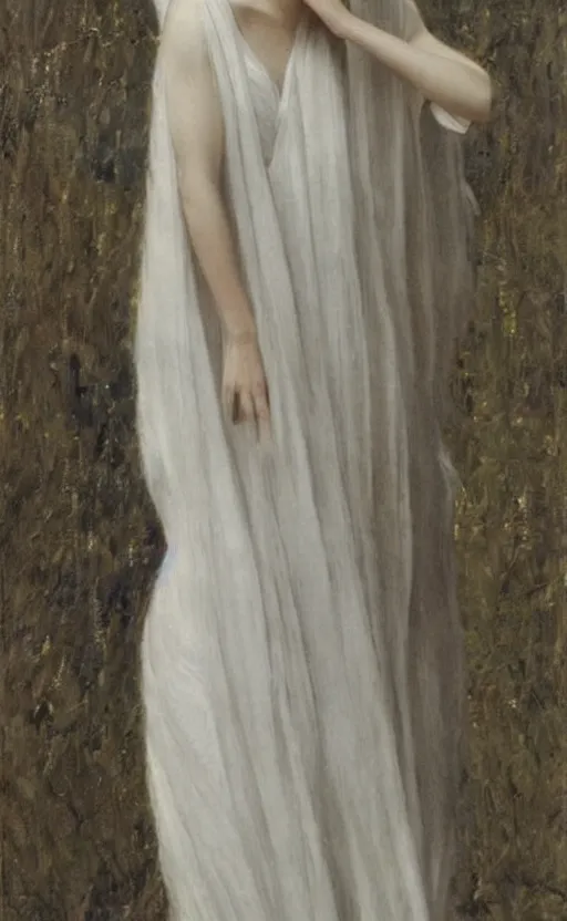 Image similar to say who is this with silver hair so pale and wan! and thin? female angel in white robes flowing hair body, white dress!! of silver hair, covered!!, clothed!! lucien levy - dhurmer, fernand keller, oil on canvas, 1 8 9 6, 4 k resolution, aesthetic, mystery