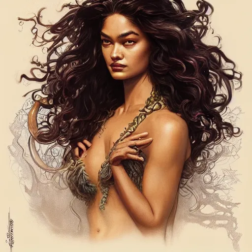 Image similar to Shanina Shaik as Medusa, frowning, scowl, snakes for hair, intricate, elegant, highly detailed, digital painting, artstation, concept art, smooth, sharp focus, illustration, art by artgerm and greg rutkowski and alphonse mucha