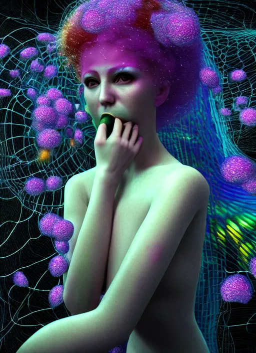 Image similar to hyper detailed 3d render like a Oil painting - Aurora (evocative cyberpunk and oil rainbow faced Singer) seen Eating of the Strangling network of sappy milky Fruit and Her delicate Hands hold of gossamer polyp blossoms bring iridescent fungal flowers whose spores black out the foolish stars by Jacek Yerka, Mariusz Lewandowski, Houdini algorithmic generative render, Abstract brush strokes, Masterpiece, Edward Hopper and James Gilleard, Zdzislaw Beksinski, Mark Ryden, Wolfgang Lettl, hints of Yayoi Kasuma, octane render, 8k