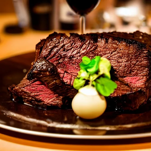 Prompt: perfect beautiful wine beef roast served in michelin star restaurant, bokeh, captured on canon eos r 6