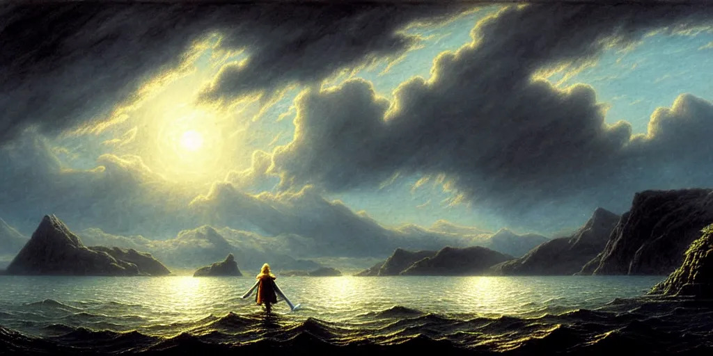 Image similar to lord of the rings scenery landscape, a hobbit out at a staring across the sea from the shore at a white timber sail boat leaving harbour, evening bright stars, highly detailed, vivid colour, soft clouds, cinematic lighting, perfect composition, gustave dore, derek zabrocki, greg rutkowski, belsinski