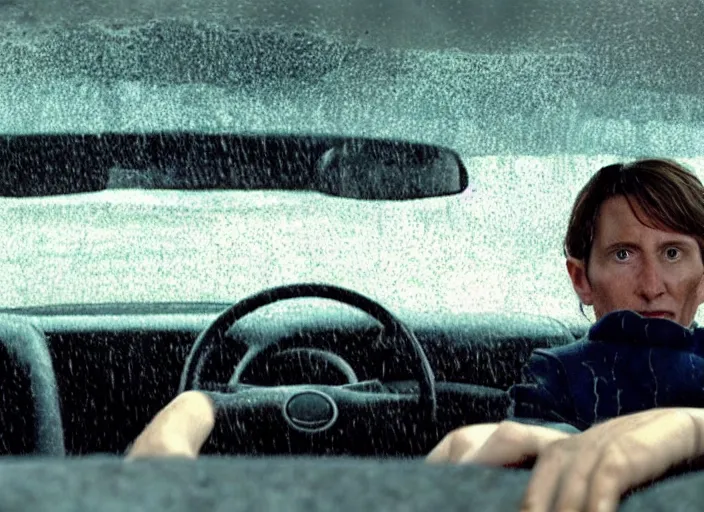 Image similar to A very high resolution image from a new movie, inside of a car, raining, hot, directed by wes anderson