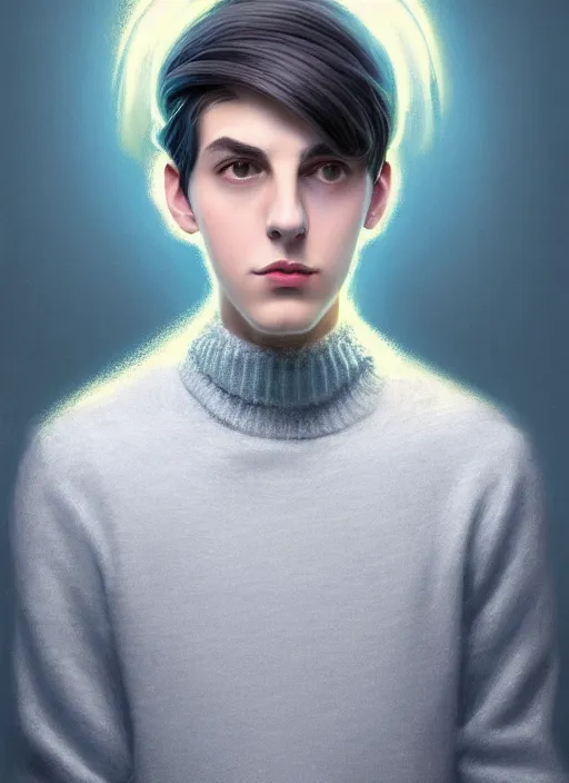 Prompt: portrait of teenage jughead jones, wearing a light grey crown, light grey crown, blue turtleneck sweater 1 9 5 0 s, intricate, elegant, glowing lights, highly detailed, digital painting, artstation, concept art, smooth, sharp focus, illustration, art by wlop, mars ravelo and greg rutkowski