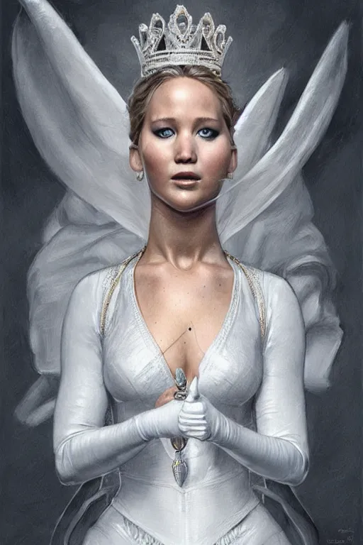 Prompt: Jennifer Lawrence as Queen wearing a White Outfit, anatomy, only two hands, highly detailed, digital painting, artstation, concept art, smooth, sharp focus, illustration, Unreal Engine 5, 8K, art by art by artgerm and greg rutkowski and edgar maxence