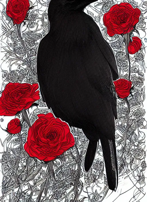 Image similar to portrait, A proud crow with red eyes in front of the full big moon, book cover, red roses at the top, red white black colors, establishing shot, extremly high detail, foto realistic, cinematic lighting, pen and ink, intricate line drawings, by Yoshitaka Amano, Ruan Jia, Kentaro Miura, Artgerm, post processed, concept art, artstation, matte painting, style by eddie mendoza, raphael lacoste, alex ross