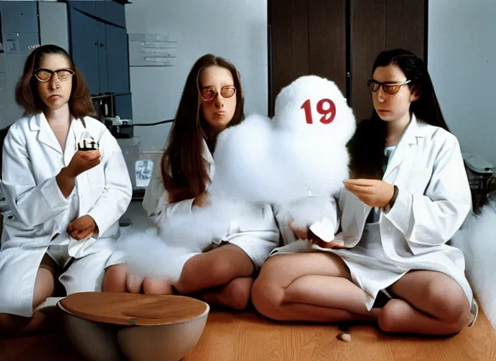 Image similar to realistic photo of a three young female scientists wearing white shorts, faces hidden veil, watching at a levitating fluffy furry cloud, in a living room sci - fi laboratory with many wooden gadgets made of wood interior is made of wood 1 9 9 0, life magazine reportage photo, natural colors