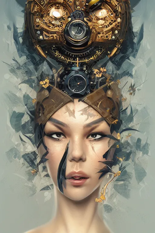 Image similar to stunningly beautiful, clockwork ninja in jungle, symmetrical face, golden hour, smooth, focus, highly detailed, hyper realistic, dramatic lighting, elegant, intricate, concept art, low angle, art by wlop, mars ravelo, greg rutowski, artstation
