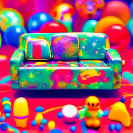 Image similar to fisher price couch, perfect focus, psychedelic trippy couch in space, planets, milky way, sofa scene from tv show hyper detailed 5 5 mm 8 5 mm, toy photography, made out of plastic