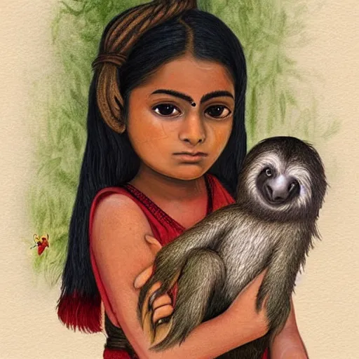 Image similar to a cottagecore beautiful young indian witch holding a cute sloth, highly detailed, masterpiece, illustrated, art by johannes voss