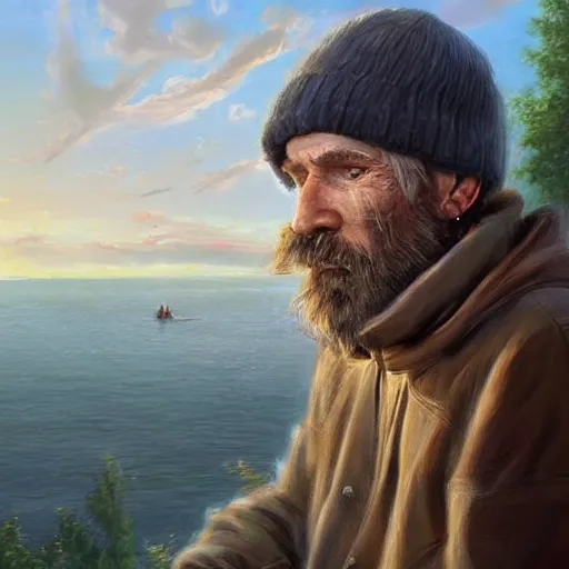 Image similar to clear portrait of homeless guy, adorable appearance!!!, golden hour, happy apearance, cottagecore!!, background hyper detailed, character concept, full body, dynamic pose, intricate, elegant, highly detailed, digital painting, artstation, concept art, smooth, sharp focus, illustration, art by artgerm and greg rutkowski and alphonse mucha