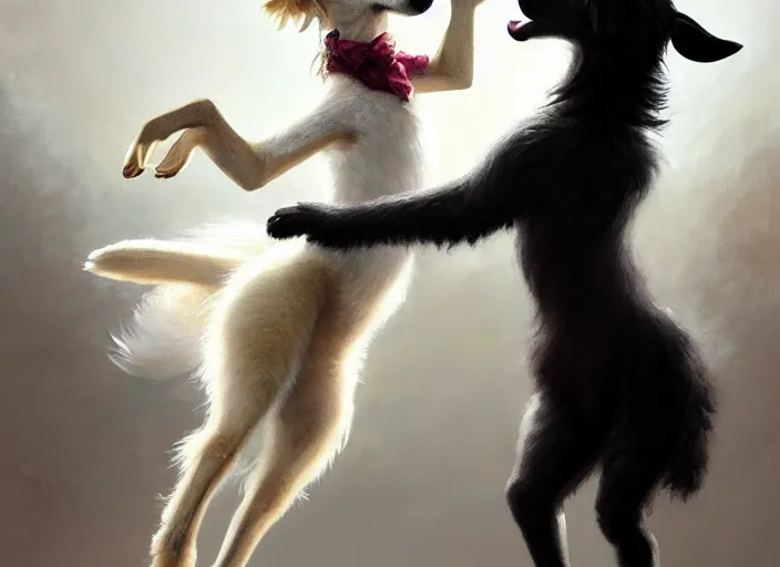 Image similar to wide shot painting of a male anthropomorphic border collie fursona dancing with a cute female anthropomorphic sheep fursona in a ballroom, beautiful, intricate, elegant, realistic proportions, highly detailed, scenic background, trending on artstation, art by charlie bowater and henry asencio and and ross tran