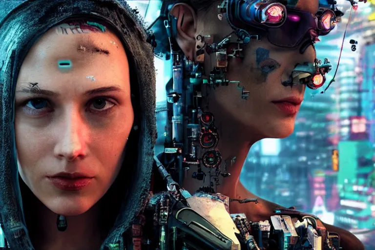 Image similar to video game movie of a cyberpunk hacker closeup portrait in high tech compound by Emmanuel Lubezki