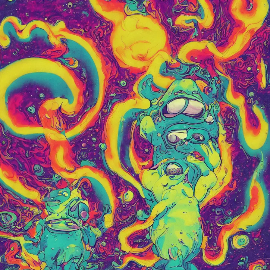 Image similar to album art, psychedelic melting marshmallow creature, omni magazine