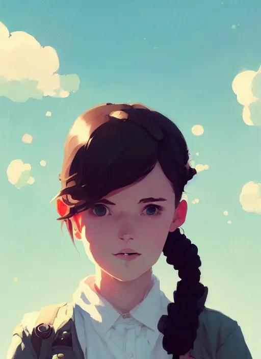 Image similar to portrait of cute girl, cloud sky background, by atey ghailan, by greg rutkowski, by greg tocchini, by james gilleard, by joe gb fenton, by kaethe butcher, dynamic lighting, gradient light blue, brown, blonde cream and white color in scheme, grunge aesthetic