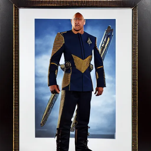 Image similar to a full body portrait of the rock as a klingon star fleet officer from star trek next generation dressed in full uniform, ultra rendered extreme realism and detail, 8 k, highly detailed, realistic, completely framed, hyper realistic, colorful, direct lighting, 3 5 mm photo, photorealistic, sharp focus