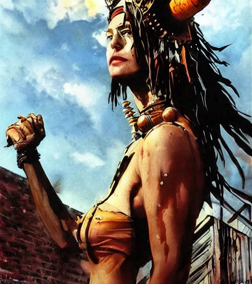 Image similar to mighty princess of the wasteland, scrap metal headdress, damaged building, strong line, deep color, cloudy sky, beautiful! coherent! by brom, by frank frazetta,