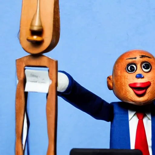 Image similar to one president puppeteer that looks like a marionette in a podium giving a press conference
