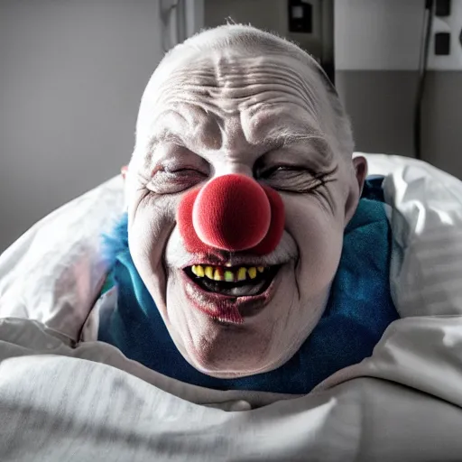 Image similar to delirious elderly clown supine in hospital bed, strapped into bed with restraints, trying to get out but unsuccessful, photograph, 8 k