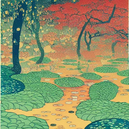 Prompt: Rain, Leaves, Fruit, Flowers, Arboreal, majestic rivers of crystalized color, 8K by Hokusai, Klimt, Dan Mumford and Tom Whelan