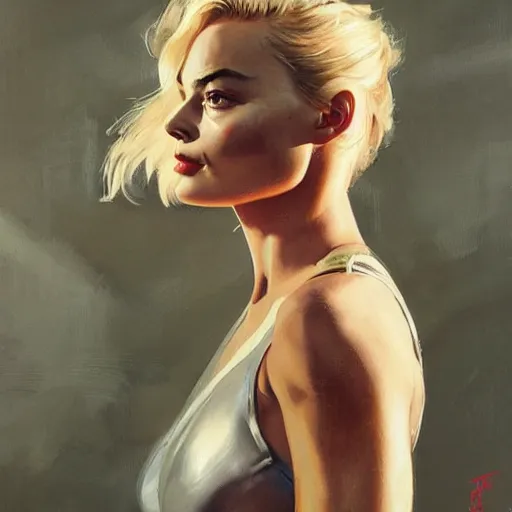 Prompt: greg manchess portrait painting of margot robbie as t - 8 0 0 terminator, medium shot, asymmetrical, profile picture, organic painting, sunny day, matte painting, bold shapes, hard edges, street art, trending on artstation, by huang guangjian and gil elvgren and sachin teng