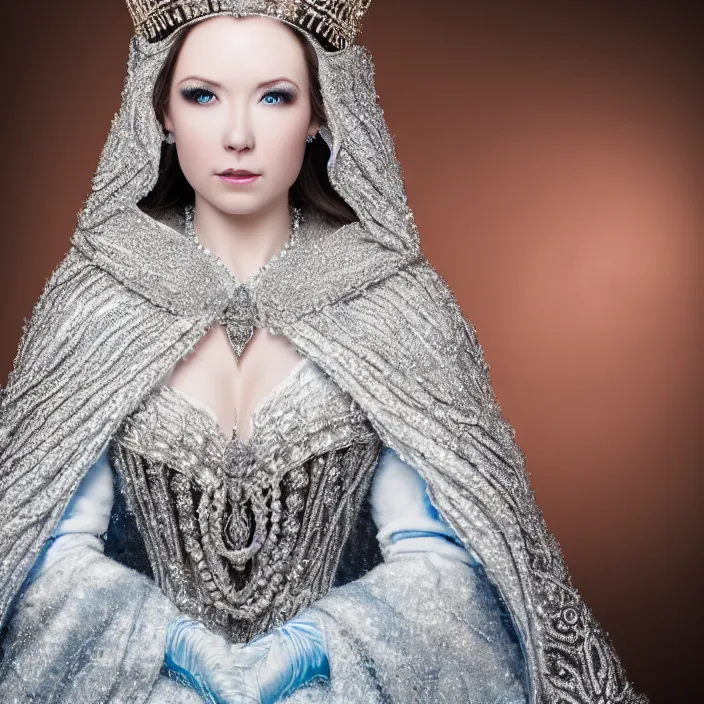 Prompt: full length portrait photograph of a real-life beautifulice queen with intricate cloak and crown, Extremely detailed. 8k