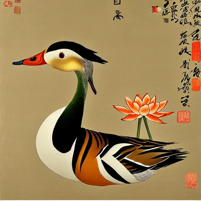 Prompt: a beautiful painting the mandarin duck in the lotus, by zhang daqian painting