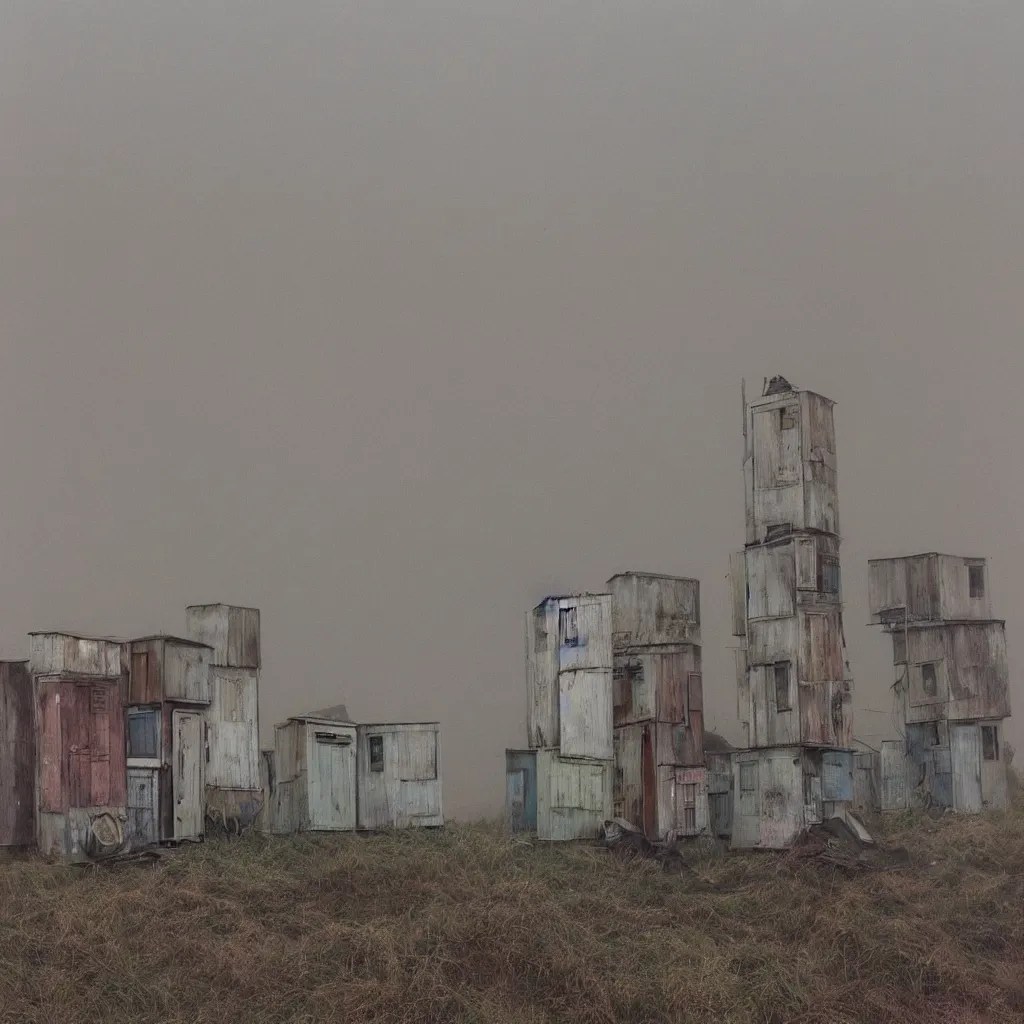 Prompt: two towers, made up of makeshift squatter shacks with pastel colours, uneven dense fog, dystopia, mamiya rb 6 7, fully frontal view, very detailed, photographed by jeanette hagglund