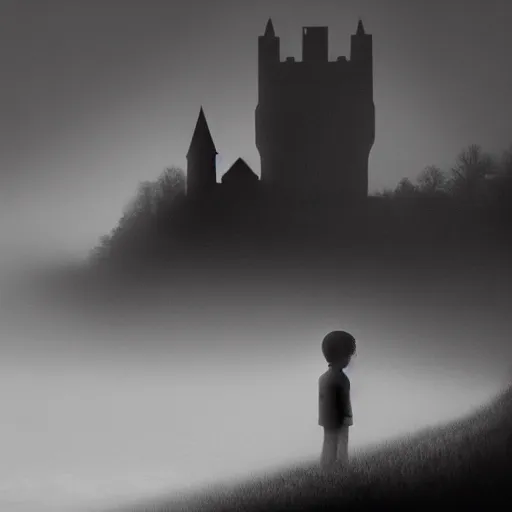 Image similar to a dark vallcy with a huge gloomy castle, fog. a little boy and a black cat