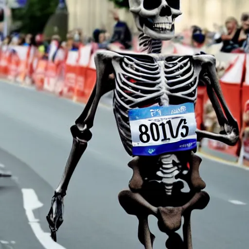 Prompt: A skeleton winning a marathon after a long and grueling marathon, associated press photo, award winning photograph, dynamic pose, 8k, award-winning, sharp focus