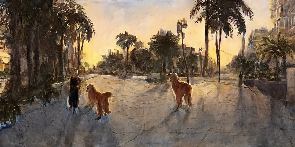 Prompt: golden retriever dog walking in tel aviv street looking at the camera. palm trees. realistic. sunset. high quality. digital art. watercolor. highly detailed. drawing. art. colorful. fluffy art by greg rutkowski and alphonse mucha