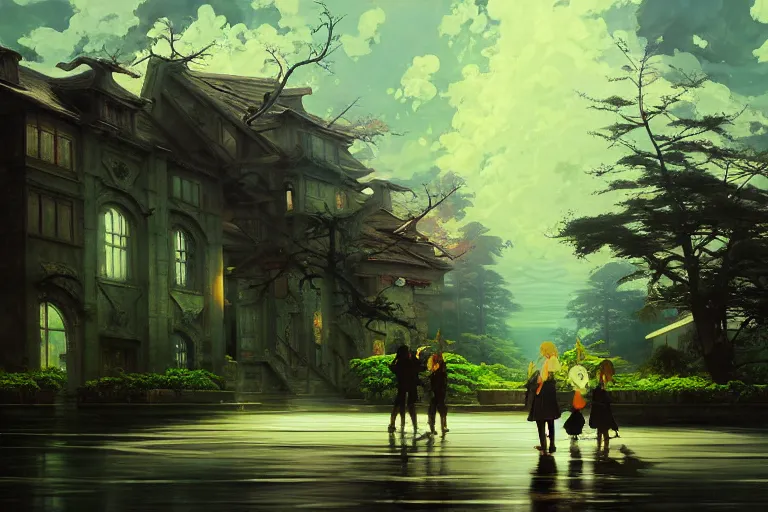 Image similar to baroque oil painting of anime key visual environment concept art of anime overgrown brutalist dark fantasy, rain, rule of thirds, cinematic lighting, fake hidden detail, trending on pixiv fanbox, acrylic palette knife and brush, style of makoto shinkai studio ghibli genshin impact jamie wyeth james gilleard greg rutkowski