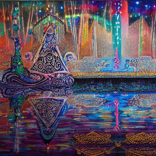 Image similar to A Mystic River, The River Is Full of Lights, Mysticism, Artwork, Tibetan Painting, Watercolor, Indian Art, Cinematic, Tri-X 400 TX, Exposure, Slit-Scan Photography, 2-Dimensional, 4k, Ultra-HD, Incandescent, Ray Tracing Reflections, insanely detailed and intricate, hypermaximalist, elegant, ornate, hyper realistic, super detailed:: watermark:: blurry:: cropped:: blur:: blurry:: out of focus:: by Dorothea Tanning, by Rene Magritte, by Victto Ngai
