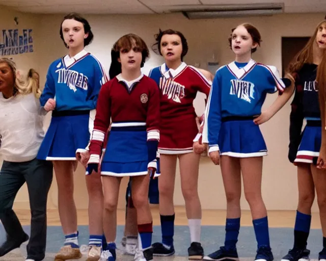 Prompt: eleven from stranger things dressed as a middle school cheerleader, practicing with the squad, cdx