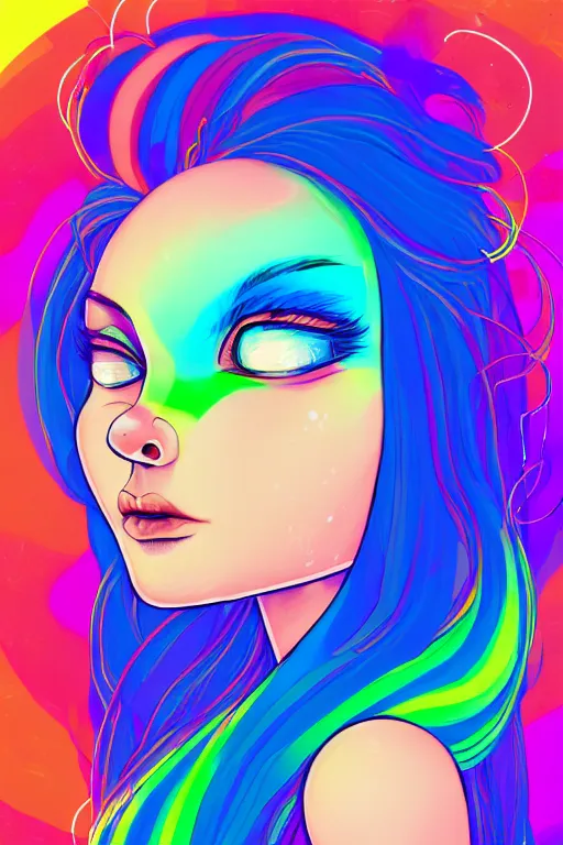 Image similar to a award winning portrait of a beautiful woman with stunning eyes in a one off shoulder croptop and cargo pants with rainbow colored hair, outlined by whirling illuminated neon lines and fine lines swirling in circles by lois van baarle, digital art, trending on artstation