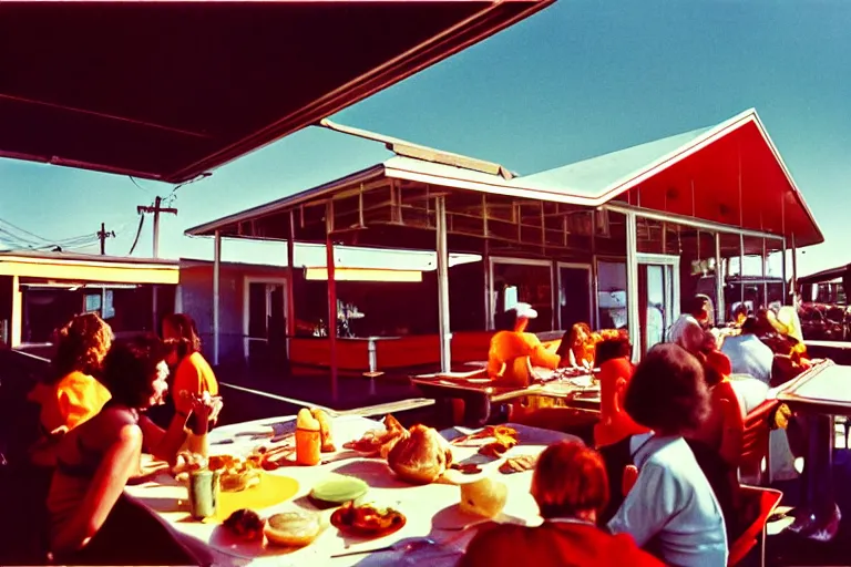 Image similar to 1 9 7 5 gumbo, people sitting at tables, googie architecture, two point perspective, americana, cooking photography, hd 4 k, taken by alex webb