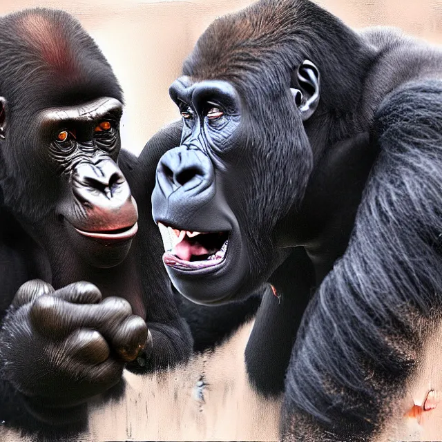 Image similar to joe rogan fights a gorilla, trending on artstation, detailed art, oil painting,