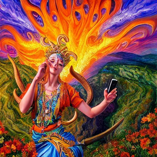 Image similar to acrylic on canvas painting by senior concept artist josephine wall, horned ram goddess checking her cell phone, erupting volcano and sunset in distance, flowers in foreground, trending on artstation, intricately detailed, highly detailed, high resolution, hdr, 8 k