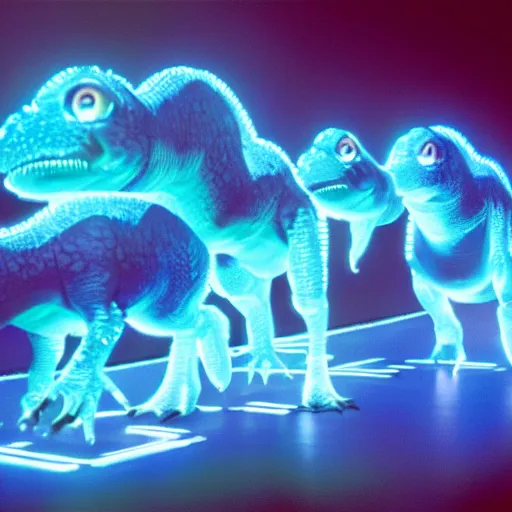 Image similar to electric blue scaled glowing baby dinosaurs in tron movie, cinestill