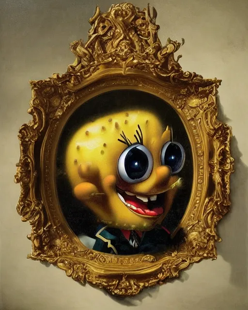 Image similar to refined gorgeous blended oil painting with black background by christian rex van minnen rachel ruysch dali todd schorr of a chiaroscuro portrait of spongebob squarepants dutch golden age vanitas intense chiaroscuro cast shadows obscuring features dramatic lighting perfect symmetry perfect composition masterpiece