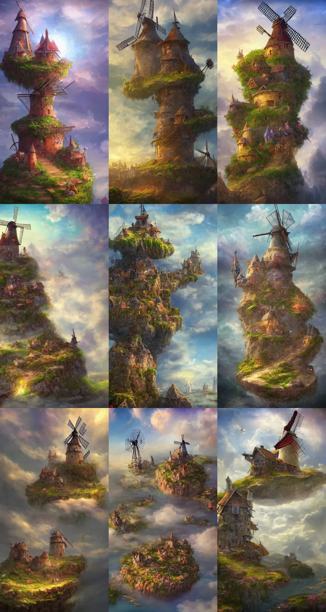 Prompt: A floating island in the clouds with a vibrant medieval fantasy village and a windmill on top of it, D&D, magical, highly detailed, digital painting, trending on artstation, 8k ultra realistic, atmosphere, glow, detailed, cinematic lighting, full of color