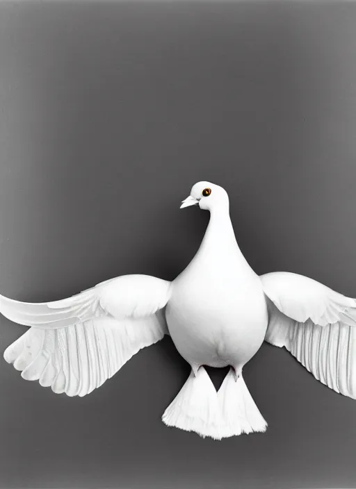 Image similar to realistic photo of white pigeon with 6 wings, front view, grain 1 9 9 0, life magazine reportage photo, metropolitan museum photo