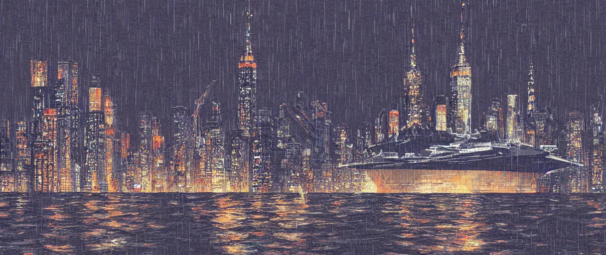 Image similar to carrier ship sailing on flooded miniature new york city at night, raining, art by yoshitaka amano, and artgerm, pixel art