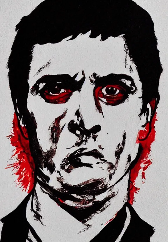 Image similar to close up. perfect symmetric face, coherent symmetric eyes. detailed face. portrait of tony montana from movie scarface. high detailed. red and black ink paint