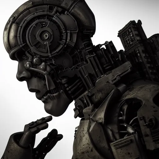 Prompt: photorealistic portrait of an artificial intelligence, 3d cgi, realistic, dramatic, dark mood, war apocalyptic,