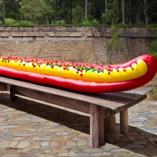 Image similar to award winning twenty meter long hotdog on a long table