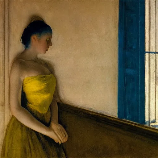 Image similar to close up of a beautiful girl in a blue and gold haunted liminal abandoned room, film still by edward hopper, by Pontormo, by klimt, art noveau, highly detailed, strong lights, liminal, eerie, Bright pastel colors